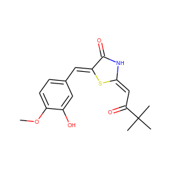 COc1ccc(/C=c2\s/c(=C\C(=O)C(C)(C)C)[nH]c2=O)cc1O ZINC000003589015