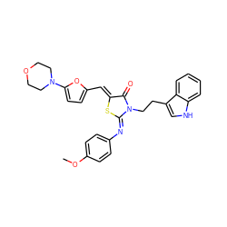 COc1ccc(/N=C2\S/C(=C\c3ccc(N4CCOCC4)o3)C(=O)N2CCc2c[nH]c3ccccc23)cc1 ZINC000008400411