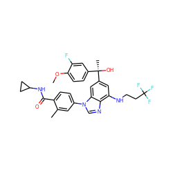 COc1ccc([C@@](C)(O)c2cc(NCCC(F)(F)F)c3ncn(-c4ccc(C(=O)NC5CC5)c(C)c4)c3c2)cc1F ZINC000147687542