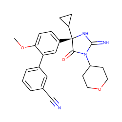 COc1ccc([C@@]2(C3CC3)NC(=N)N(C3CCOCC3)C2=O)cc1-c1cccc(C#N)c1 ZINC001772622103