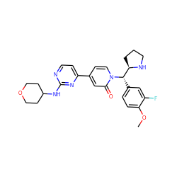 COc1ccc([C@@H]([C@H]2CCCN2)n2ccc(-c3ccnc(NC4CCOCC4)n3)cc2=O)cc1F ZINC000144849507