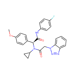 COc1ccc([C@@H](C(=O)Nc2ccc(F)cc2)N(C(=O)Cn2nnc3ccccc32)C2CC2)cc1 ZINC000001333580