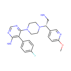 COc1ccc([C@@H](CN)N2CCN(c3ncnc(N)c3-c3ccc(F)cc3)CC2)cn1 ZINC000219317084