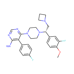 COc1ccc([C@@H](CN2CCC2)N2CCN(c3ncnc(N)c3-c3ccc(F)cc3)CC2)cc1F ZINC000218670488