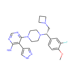 COc1ccc([C@@H](CN2CCC2)N2CCN(c3ncnc(N)c3-c3cn[nH]c3)CC2)cc1F ZINC000219316828