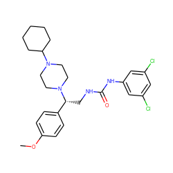 COc1ccc([C@@H](CNC(=O)Nc2cc(Cl)cc(Cl)c2)N2CCN(C3CCCCC3)CC2)cc1 ZINC000028113949