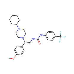 COc1ccc([C@@H](CNC(=O)Nc2ccc(C(F)(F)F)cc2)N2CCN(C3CCCCC3)CC2)cc1 ZINC000028523052