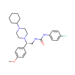 COc1ccc([C@@H](CNC(=O)Nc2ccc(F)cc2)N2CCN(C3CCCCC3)CC2)cc1 ZINC000028520639