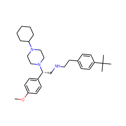 COc1ccc([C@@H](CNCCc2ccc(C(C)(C)C)cc2)N2CCN(C3CCCCC3)CC2)cc1 ZINC000028520417