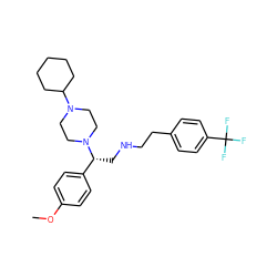 COc1ccc([C@@H](CNCCc2ccc(C(F)(F)F)cc2)N2CCN(C3CCCCC3)CC2)cc1 ZINC000028523126