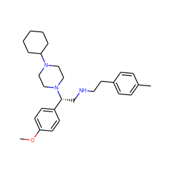 COc1ccc([C@@H](CNCCc2ccc(C)cc2)N2CCN(C3CCCCC3)CC2)cc1 ZINC000028523902