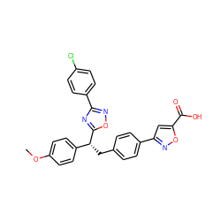 COc1ccc([C@@H](Cc2ccc(-c3cc(C(=O)O)on3)cc2)c2nc(-c3ccc(Cl)cc3)no2)cc1 ZINC000084596402