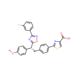 COc1ccc([C@@H](Cc2ccc(-c3nc(C(=O)O)cs3)cc2)c2nc(-c3cccc(F)c3)no2)cc1 ZINC000084596406