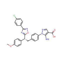 COc1ccc([C@@H](Cc2ccc(-n3ncc(C(=O)O)c3N)cc2)c2nc(-c3ccc(Cl)cc3)no2)cc1 ZINC001772630482