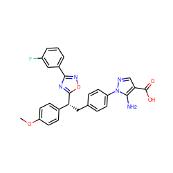 COc1ccc([C@@H](Cc2ccc(-n3ncc(C(=O)O)c3N)cc2)c2nc(-c3cccc(F)c3)no2)cc1 ZINC001772597866