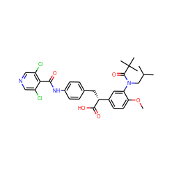 COc1ccc([C@@H](Cc2ccc(NC(=O)c3c(Cl)cncc3Cl)cc2)C(=O)O)cc1N(CC(C)C)C(=O)C(C)(C)C ZINC000028338693