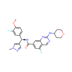 COc1ccc([C@@H](NC(=O)c2cc(F)c3cnc(NC4CCOCC4)nc3c2)c2cnn(C)c2)cc1F ZINC000205040273