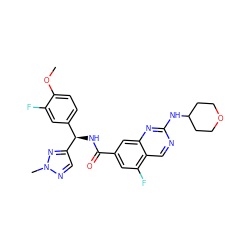 COc1ccc([C@@H](NC(=O)c2cc(F)c3cnc(NC4CCOCC4)nc3c2)c2cnn(C)n2)cc1F ZINC000205055983