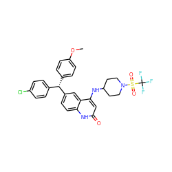 COc1ccc([C@@H](c2ccc(Cl)cc2)c2ccc3[nH]c(=O)cc(NC4CCN(S(=O)(=O)C(F)(F)F)CC4)c3c2)cc1 ZINC001772624479
