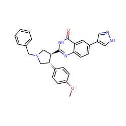 COc1ccc([C@@H]2CN(Cc3ccccc3)C[C@H]2c2nc3ccc(-c4cn[nH]c4)cc3c(=O)[nH]2)cc1 ZINC000095592835