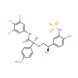 COc1ccc([C@](C)(NC[C@H](O)c2ccc(O)c(NS(C)(=O)=O)c2)C(=O)Nc2cc(Cl)c(Cl)c(Cl)c2)cc1 ZINC000027105541