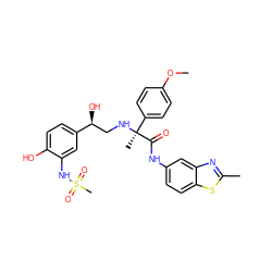 COc1ccc([C@](C)(NC[C@H](O)c2ccc(O)c(NS(C)(=O)=O)c2)C(=O)Nc2ccc3sc(C)nc3c2)cc1 ZINC000027108343