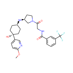 COc1ccc([C@]2(O)CC[C@H](N[C@H]3CCN(C(=O)CNC(=O)c4cccc(C(F)(F)F)c4)C3)CC2)cn1 ZINC000101506826