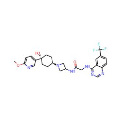 COc1ccc([C@]2(O)CC[C@H](N3CC(NC(=O)CNc4ncnc5ccc(C(F)(F)F)cc45)C3)CC2)cn1 ZINC000101657538