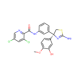 COc1ccc([C@]2(c3cccc(NC(=O)c4ncc(Cl)cc4Cl)c3)CSC(N)=N2)cc1O ZINC000147083388