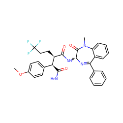 COc1ccc([C@H](C(N)=O)[C@@H](CCC(F)(F)F)C(=O)N[C@H]2N=C(c3ccccc3)c3ccccc3N(C)C2=O)cc1 ZINC000299864310