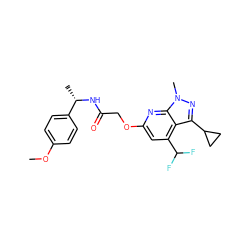 COc1ccc([C@H](C)NC(=O)COc2cc(C(F)F)c3c(C4CC4)nn(C)c3n2)cc1 ZINC000117512019
