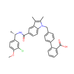 COc1ccc([C@H](C)NC(=O)c2ccc3c(c2)c(C)c(C)n3Cc2ccc(-c3ccccc3C(=O)O)cc2)cc1Cl ZINC000199633421