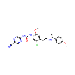 COc1ccc([C@H](C)NCCc2cc(OC)c(NC(=O)Nc3cnc(C#N)cn3)cc2Cl)cc1 ZINC000072318130