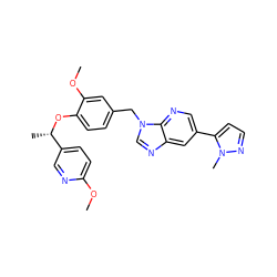 COc1ccc([C@H](C)Oc2ccc(Cn3cnc4cc(-c5ccnn5C)cnc43)cc2OC)cn1 ZINC000473159151