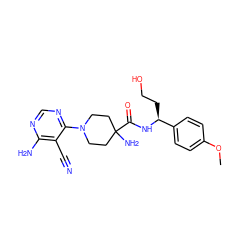 COc1ccc([C@H](CCO)NC(=O)C2(N)CCN(c3ncnc(N)c3C#N)CC2)cc1 ZINC001772597965