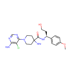 COc1ccc([C@H](CCO)NC(=O)C2(N)CCN(c3ncnc(N)c3Cl)CC2)cc1 ZINC000219319987