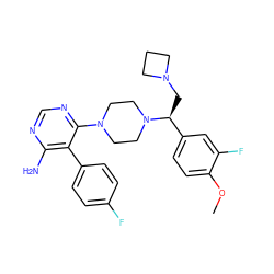 COc1ccc([C@H](CN2CCC2)N2CCN(c3ncnc(N)c3-c3ccc(F)cc3)CC2)cc1F ZINC000218670562