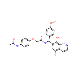 COc1ccc([C@H](NC(=O)COc2ccc(NC(C)=O)cc2)c2cc(Cl)c3cccnc3c2O)cc1 ZINC000040412551