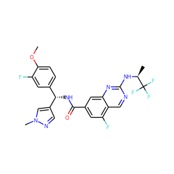 COc1ccc([C@H](NC(=O)c2cc(F)c3cnc(N[C@@H](C)C(F)(F)F)nc3c2)c2cnn(C)c2)cc1F ZINC000205051444