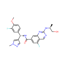 COc1ccc([C@H](NC(=O)c2cc(F)c3cnc(N[C@@H](C)CO)nc3c2)c2cnn(C)c2)cc1F ZINC000205051282