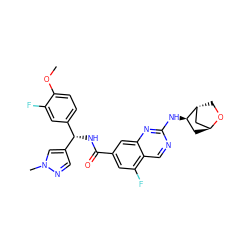COc1ccc([C@H](NC(=O)c2cc(F)c3cnc(N[C@@H]4C[C@H]5C[C@H]4CO5)nc3c2)c2cnn(C)c2)cc1F ZINC001772647101