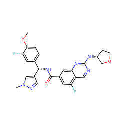 COc1ccc([C@H](NC(=O)c2cc(F)c3cnc(N[C@@H]4CCOC4)nc3c2)c2cnn(C)c2)cc1F ZINC000205061498