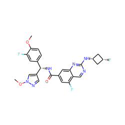 COc1ccc([C@H](NC(=O)c2cc(F)c3cnc(N[C@H]4C[C@@H](F)C4)nc3c2)c2cnn(OC)c2)cc1F ZINC001772583029