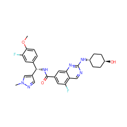 COc1ccc([C@H](NC(=O)c2cc(F)c3cnc(N[C@H]4CC[C@H](O)CC4)nc3c2)c2cnn(C)c2)cc1F ZINC001772585345