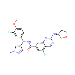 COc1ccc([C@H](NC(=O)c2cc(F)c3cnc(N[C@H]4CCOC4)nc3c2)c2cnn(C)c2)cc1F ZINC000205061587