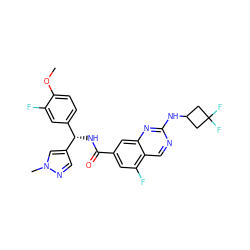 COc1ccc([C@H](NC(=O)c2cc(F)c3cnc(NC4CC(F)(F)C4)nc3c2)c2cnn(C)c2)cc1F ZINC000205150783