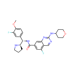 COc1ccc([C@H](NC(=O)c2cc(F)c3cnc(NC4CCOCC4)nc3c2)[C@H]2CCCN2)cc1F ZINC000207540257