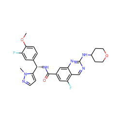 COc1ccc([C@H](NC(=O)c2cc(F)c3cnc(NC4CCOCC4)nc3c2)c2ccnn2C)cc1F ZINC000205058442