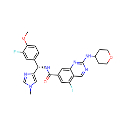 COc1ccc([C@H](NC(=O)c2cc(F)c3cnc(NC4CCOCC4)nc3c2)c2cn(C)cn2)cc1F ZINC000205152600