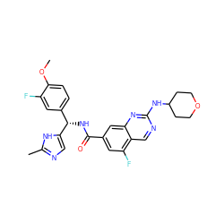 COc1ccc([C@H](NC(=O)c2cc(F)c3cnc(NC4CCOCC4)nc3c2)c2cnc(C)[nH]2)cc1F ZINC000205065640